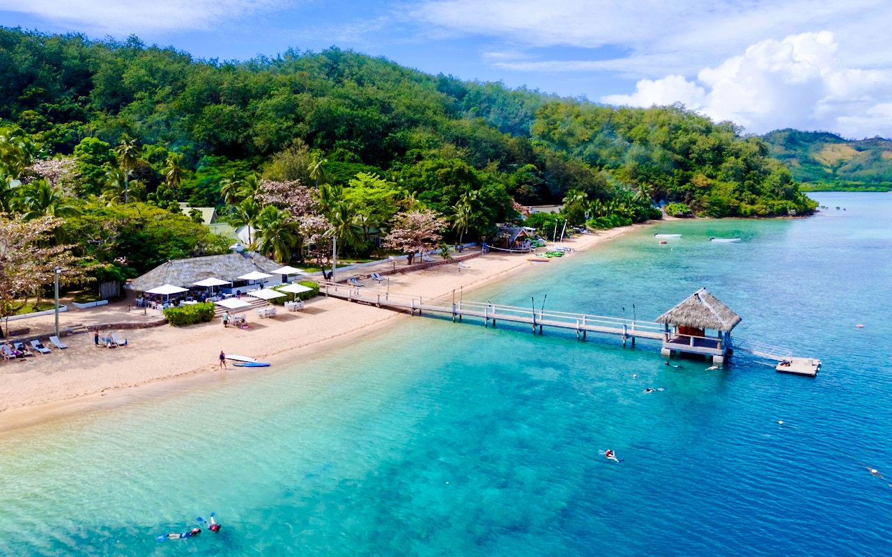 Aerial view of Malolo Island Resort beach and pier, Fiji.