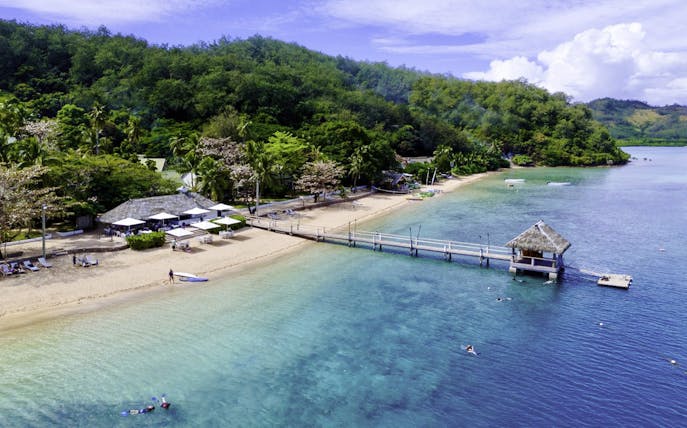Aerial view of Malolo Island Resort beach and pier, Fiji.