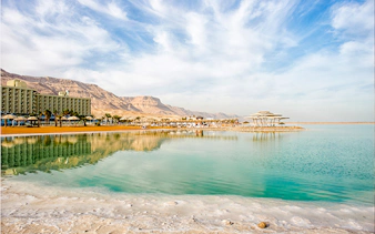 Dead Sea shoreline with resort and mountains, Amman half-day trip.