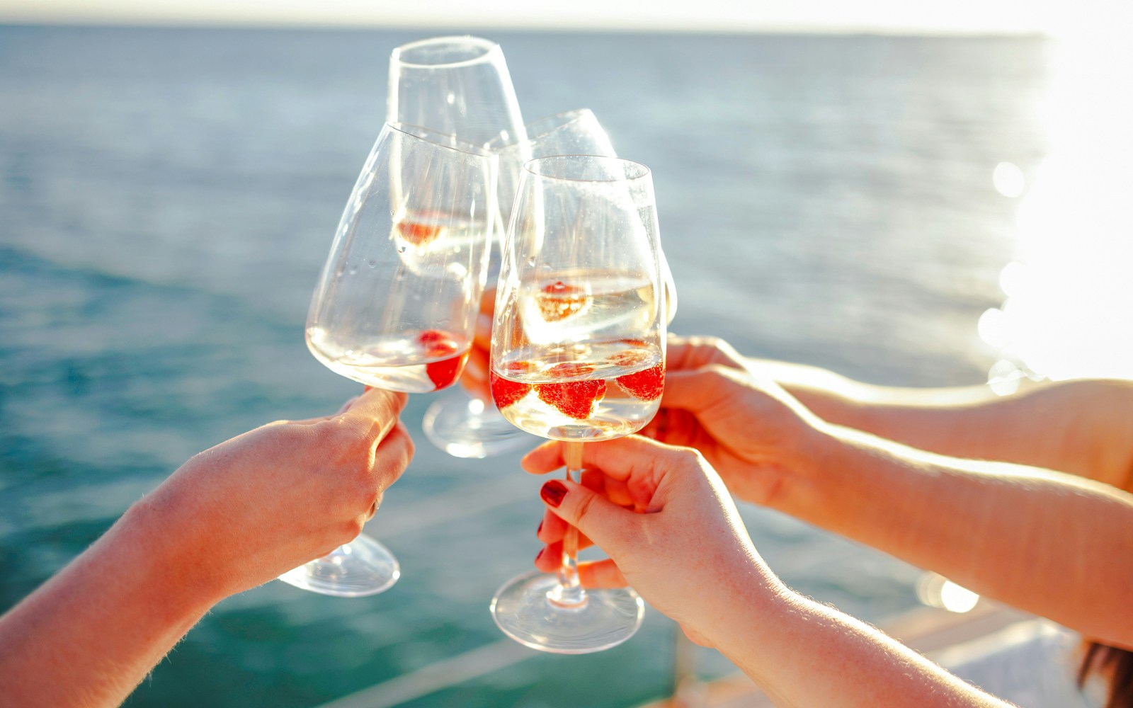 Toasting with wine glasses on a cruise ship deck.