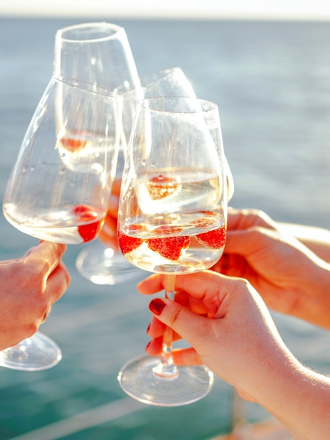 Toasting with wine glasses on a cruise ship deck.