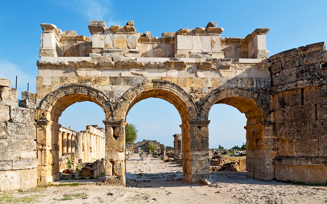 Hierapolis ancient city gate in Pamukkale, Antalya, on a day trip tour.