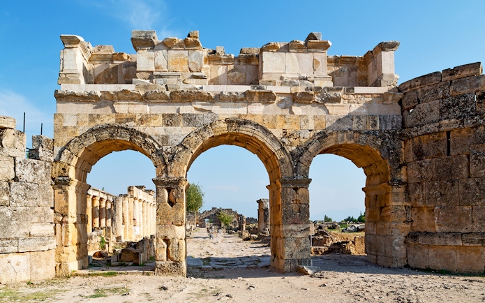 Hierapolis ancient city gate in Pamukkale, Antalya, on a day trip tour.