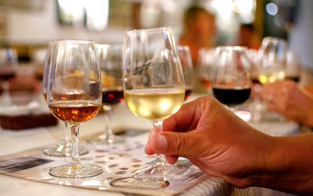 Wine glasses on a table during Niagara Falls evening tour tasting event.