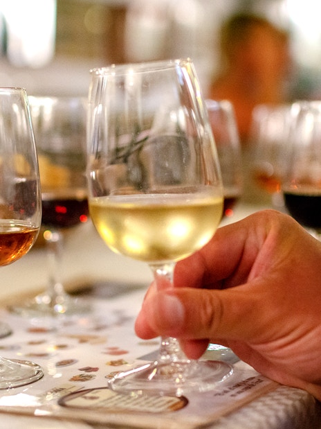 Wine glasses on a table during Niagara Falls evening tour tasting event.