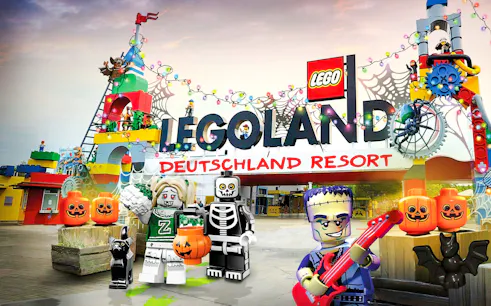 Legoland Billund entrance decorated for Halloween with Lego figures and pumpkins.