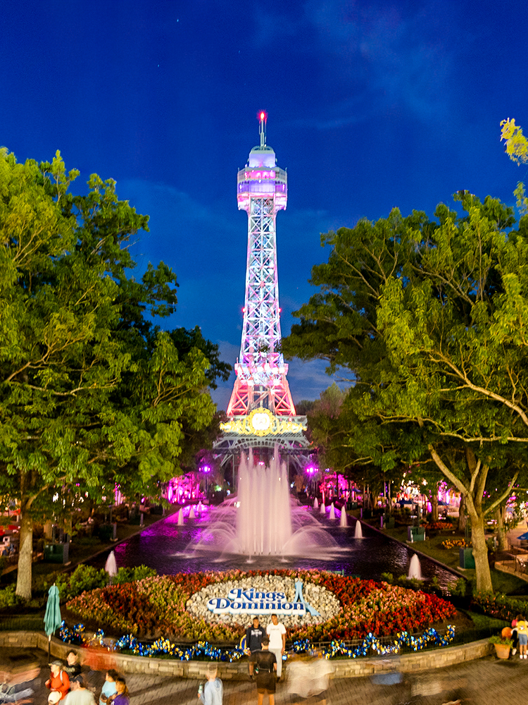 Kings Dominion Eiffel Tower replica illuminated at night, Washington DC.