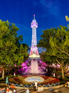 Kings Dominion Eiffel Tower replica illuminated at night, Washington DC.