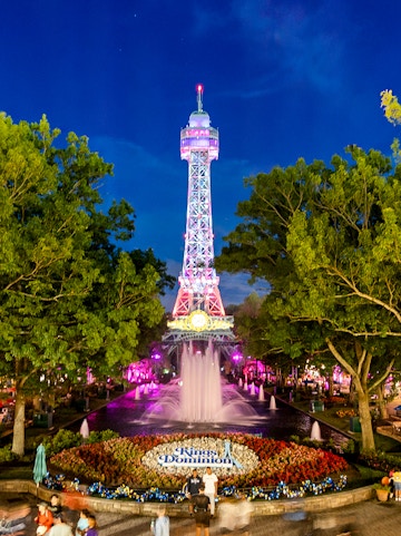 Kings Dominion Eiffel Tower replica illuminated at night, Washington DC.