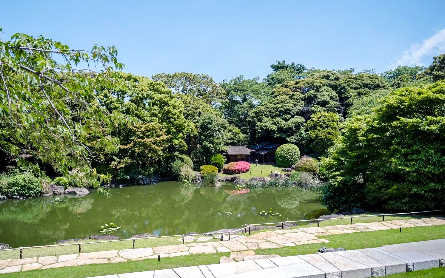 Tranquil garden with pond and lush greenery at Tokyo National Museum.