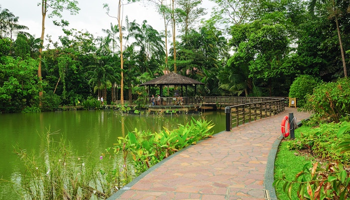 A beautiful bricked path leading to a gazebo in Singapore Botanic Gardens