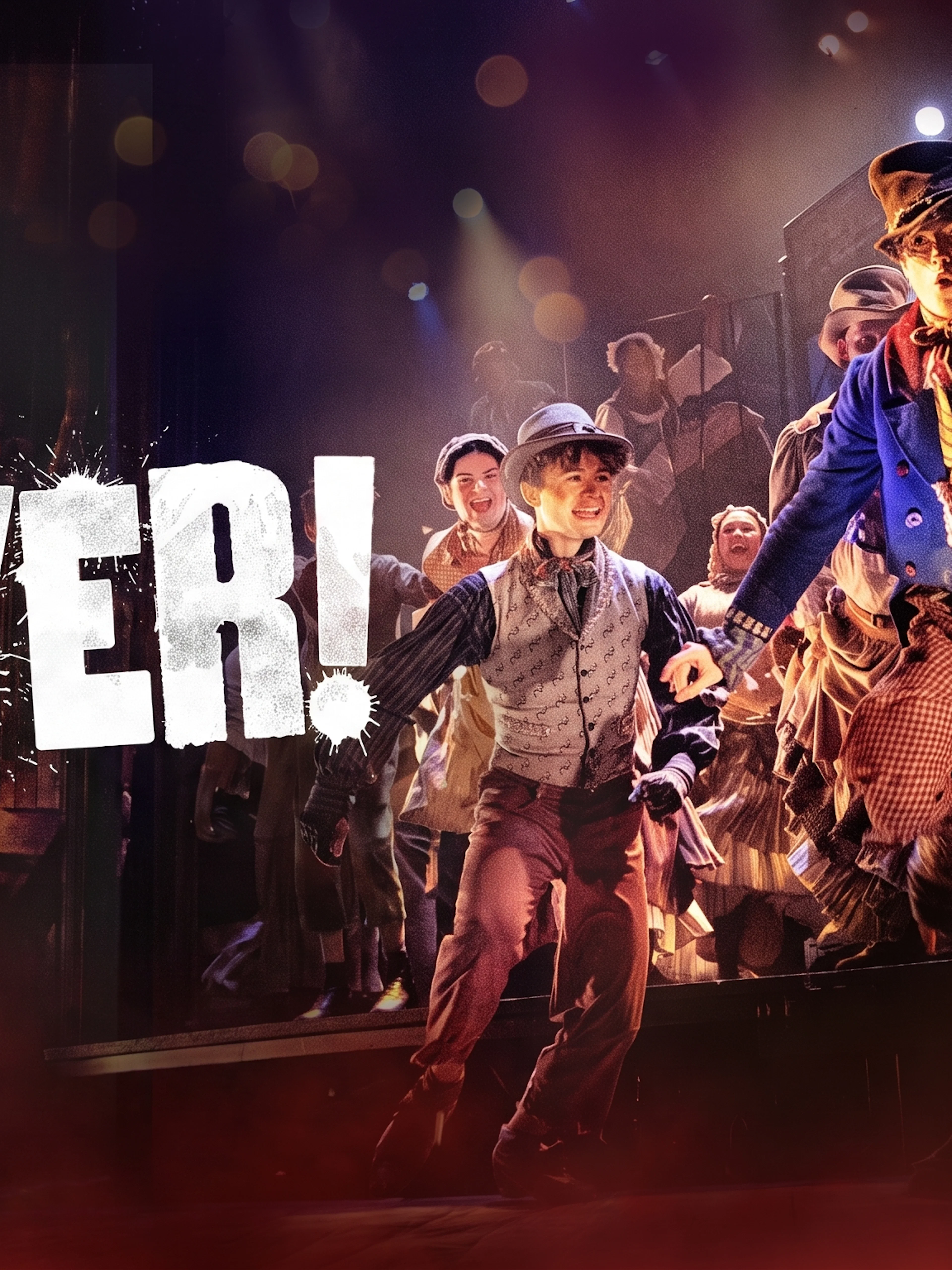 Performers dancing energetically on stage in the Oliver! show.
