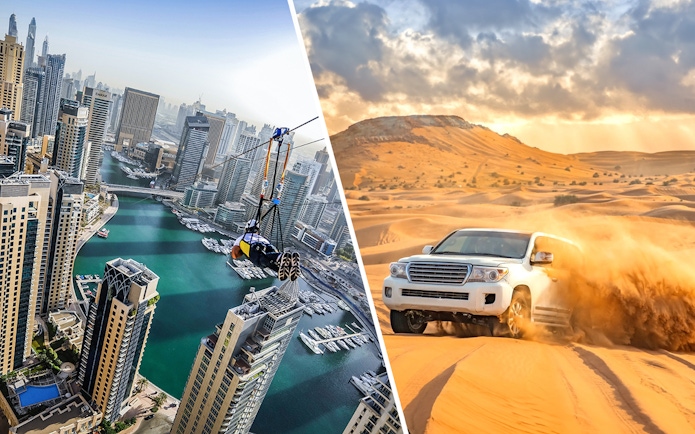 Ziplining over Dubai Marina and off-road driving in the Dubai desert.