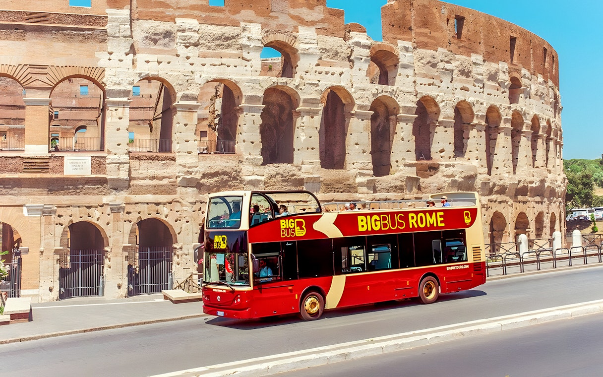 Big Bus tour near the Colosseum in Rome, Italy.