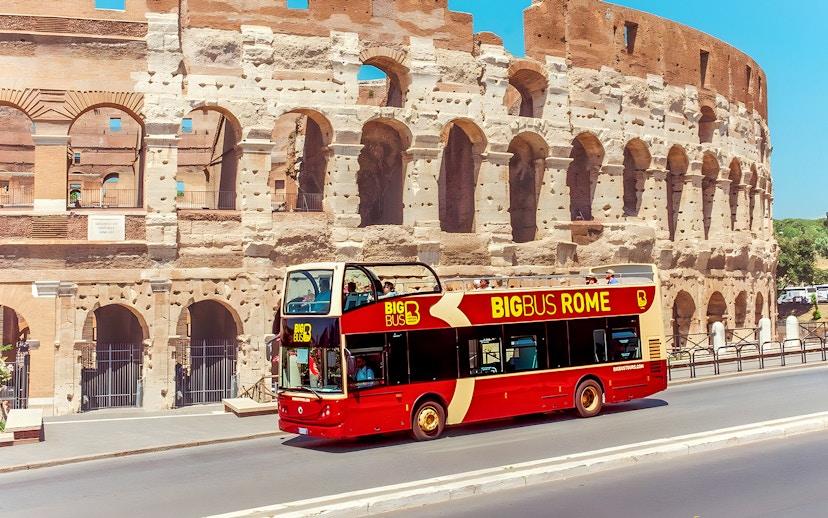 Big Bus tour near the Colosseum in Rome, Italy.