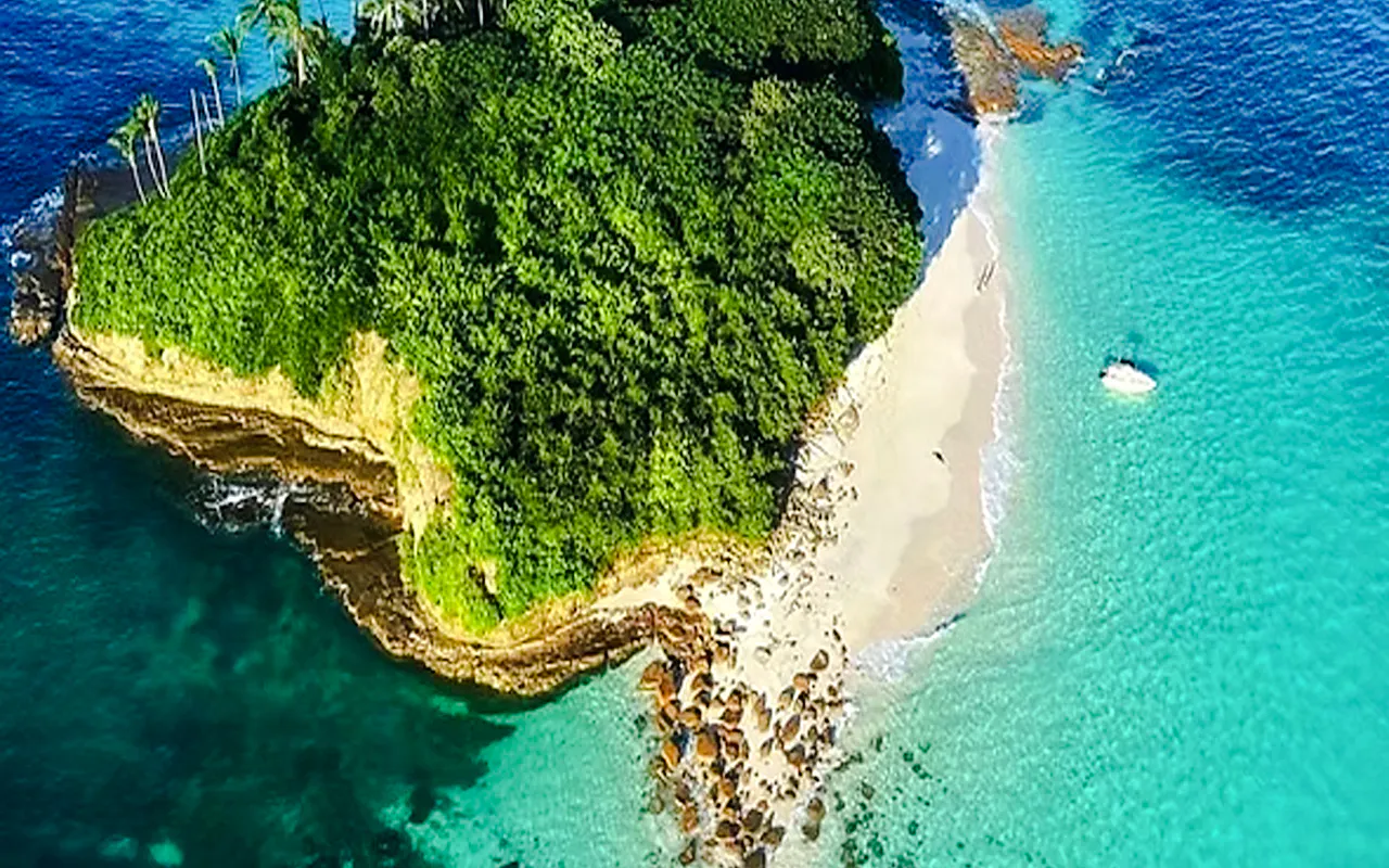 Aerial view of a lush island with sandy beach in Archipiélago de las Perlas, Panama.