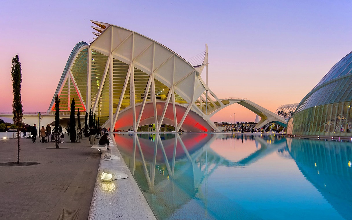 Príncep Felipe Science Museum exterior with reflection in water, Valencia, Spain.