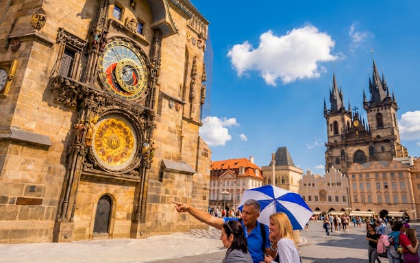 Prague Astronomical Clock with tourists in Old Town Square, Prague.