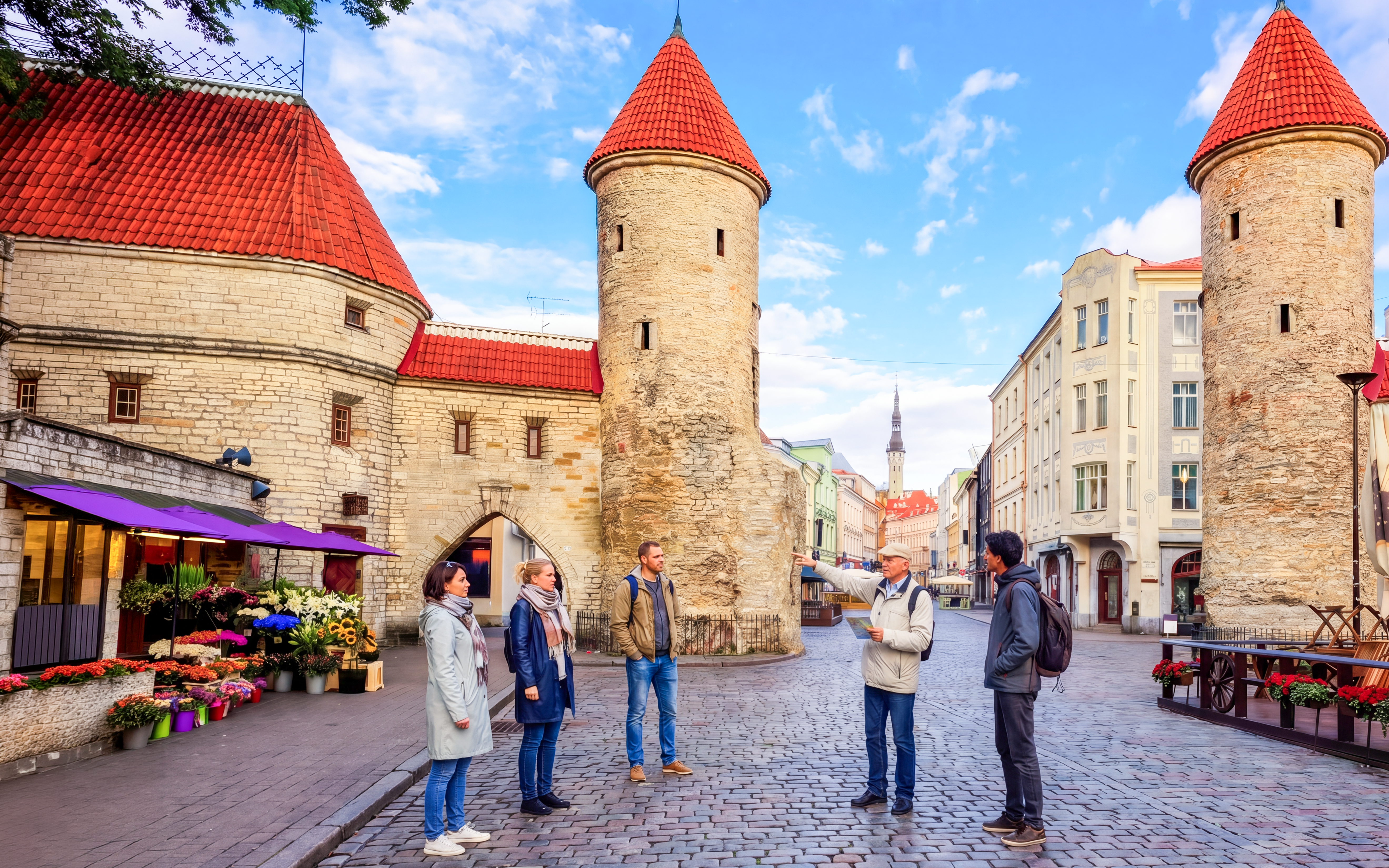 Tour group at Viru Gate in the old town of Tallinn, Estonia.