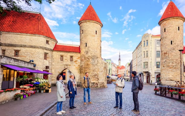 Tour group at Viru Gate in the old town of Tallinn, Estonia.