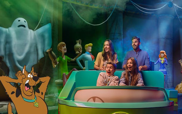 Family enjoying Scooby-Doo ride at Warner Bros. World Abu Dhabi.