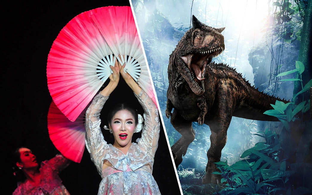 Performer with fans at Calypso Cabaret show in Bangkok.