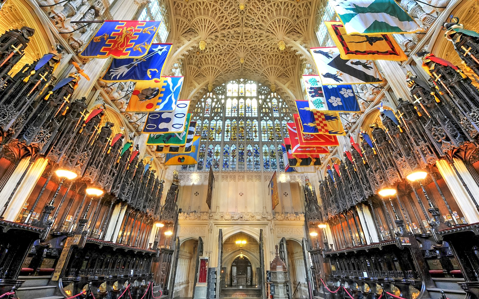The Lady Chapel interior with ornate ceiling and colorful banners, Westminster Abbey.