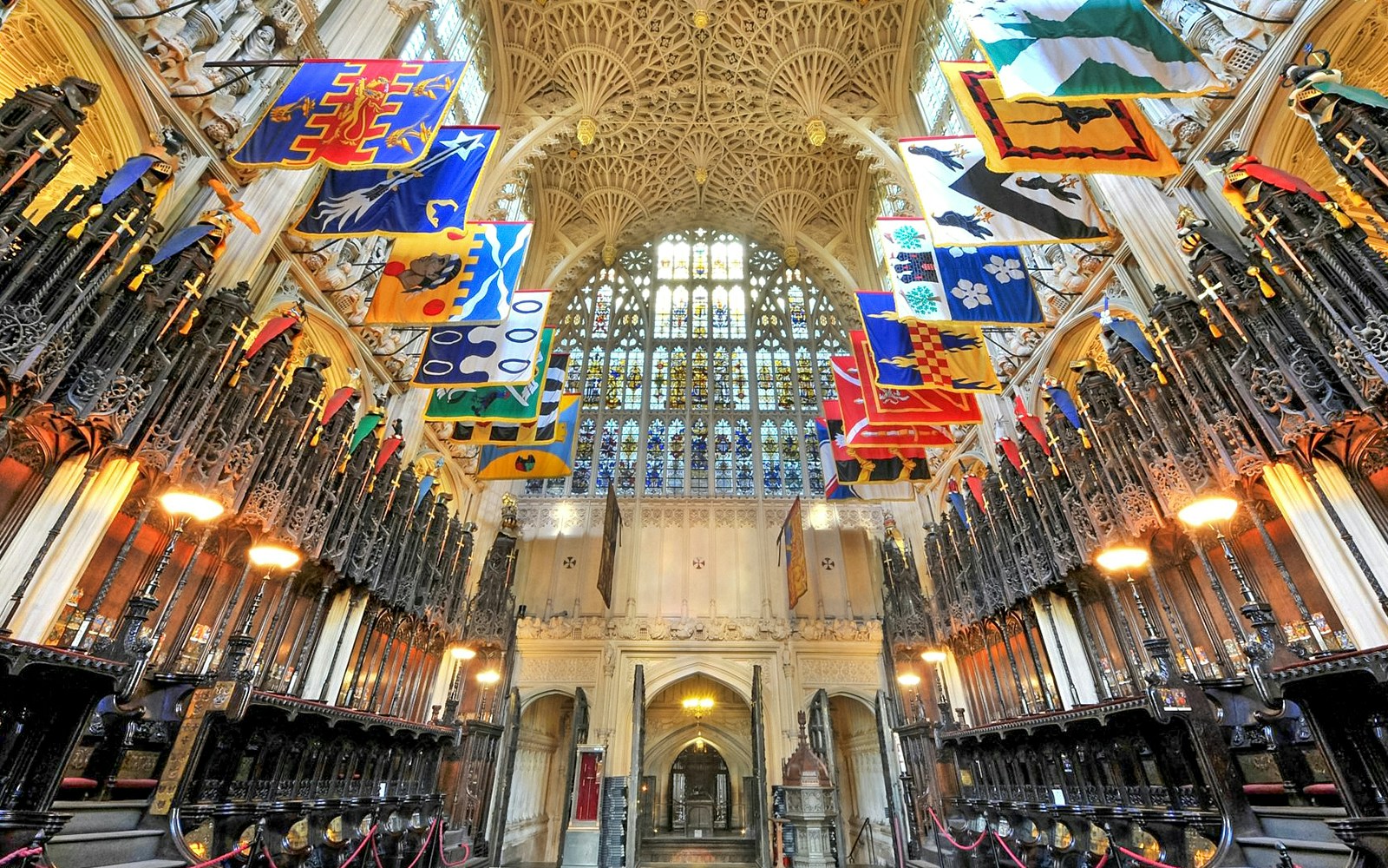 The Lady Chapel interior with ornate ceiling and colorful banners, Westminster Abbey.