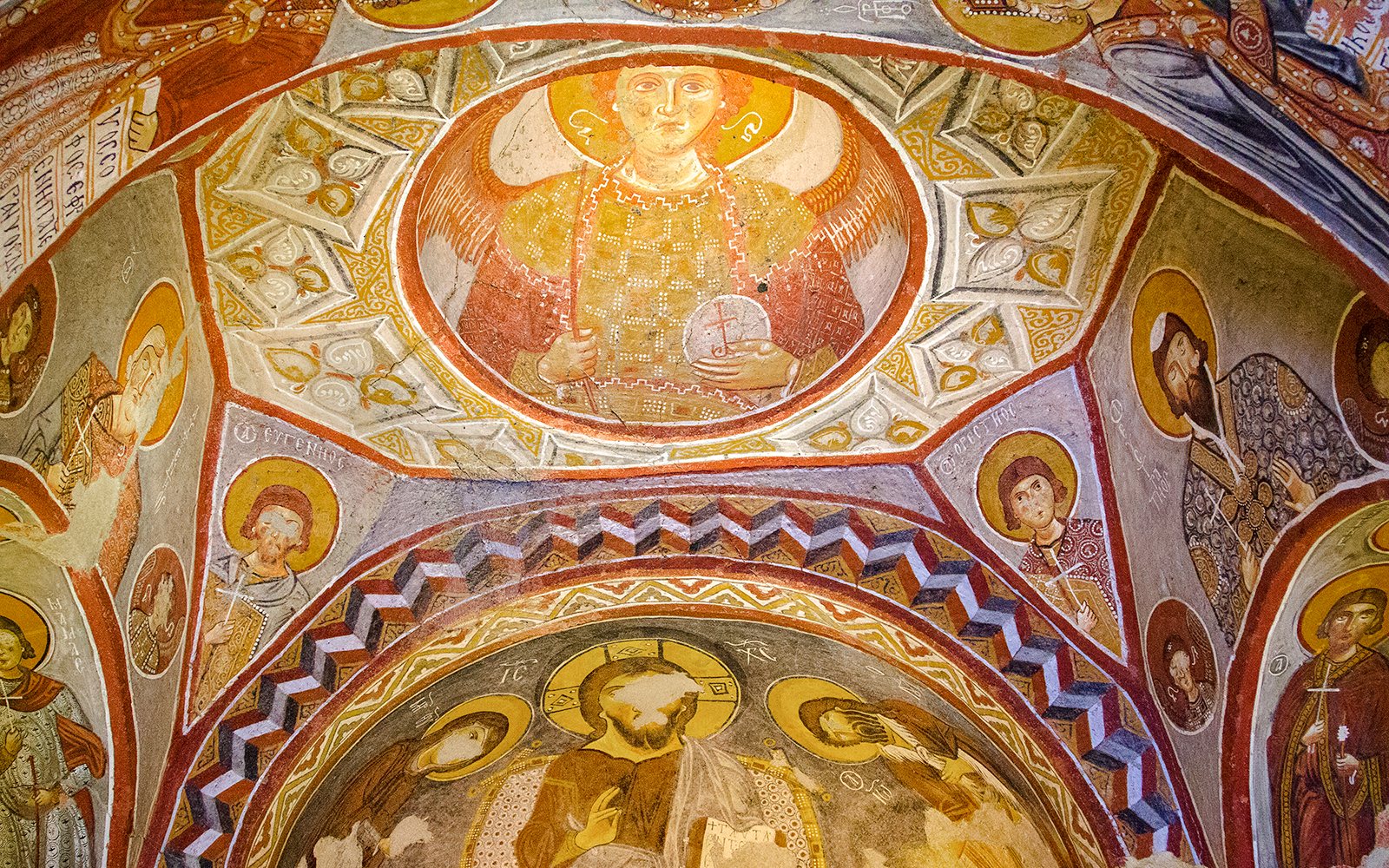 Frescoes depicting religious figures inside a church at Goreme Open Air Museum, Cappadocia.