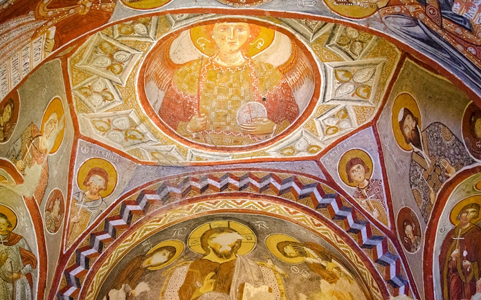 Frescoes depicting religious figures inside a church at Goreme Open Air Museum, Cappadocia.