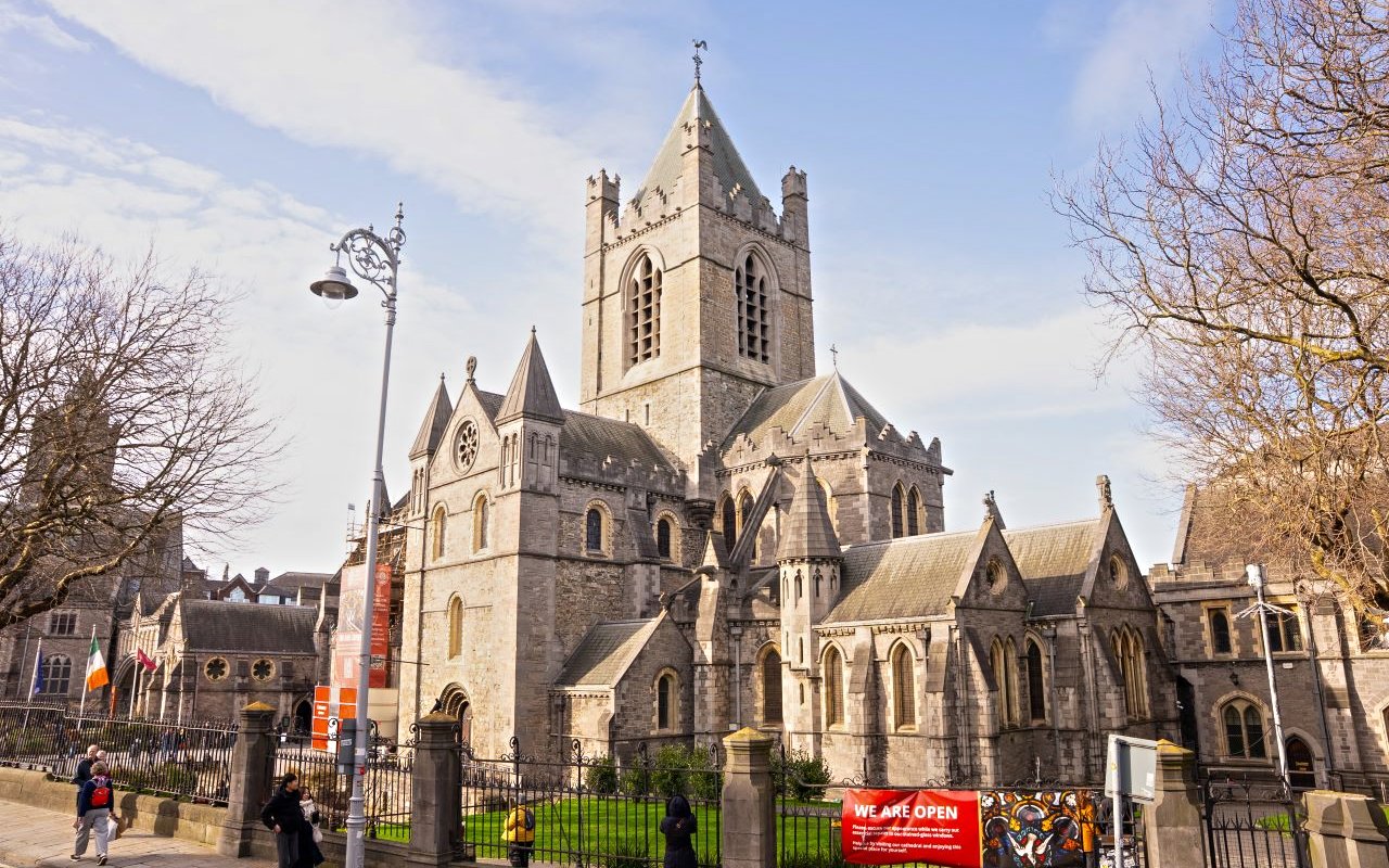 Christ Church Cathedral in Dublin viewed from an open-top tour bus.