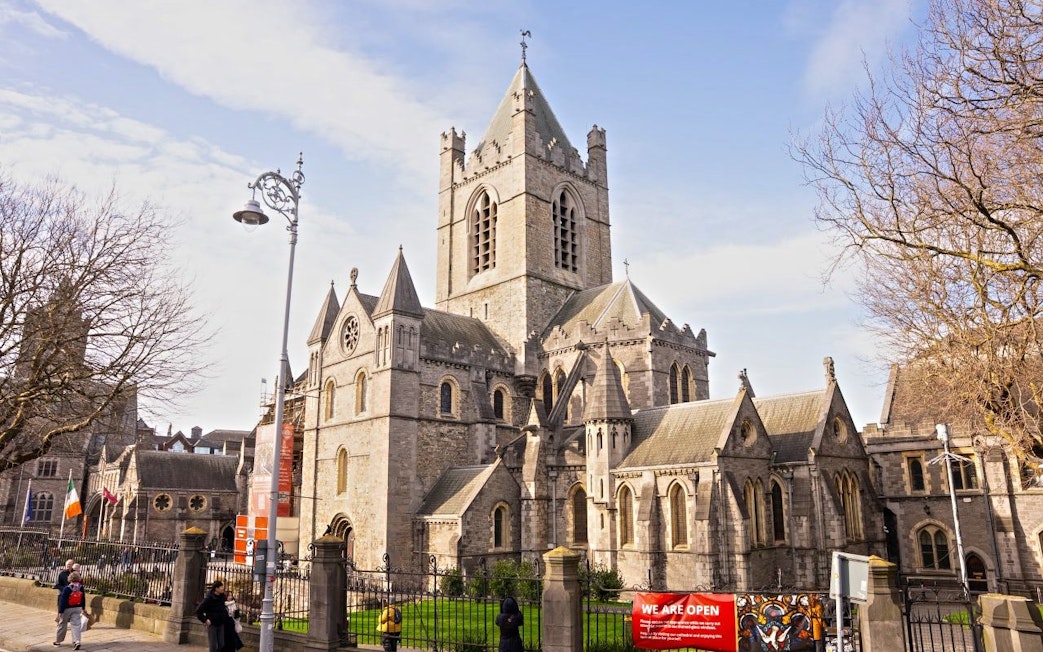Christ Church Cathedral in Dublin viewed from an open-top tour bus.