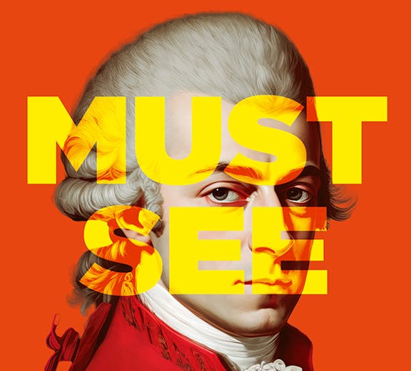 Portrait of Mozart with 'Must See' text, promoting Mythos Mozart tour.