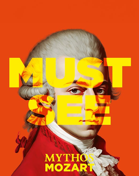 Portrait of Mozart with 'Must See' text, promoting Mythos Mozart tour.