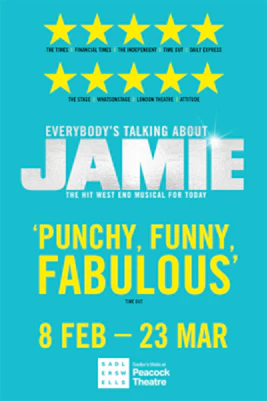 Everybody's Talking About Jamie musical poster with vibrant colors and bold typography.