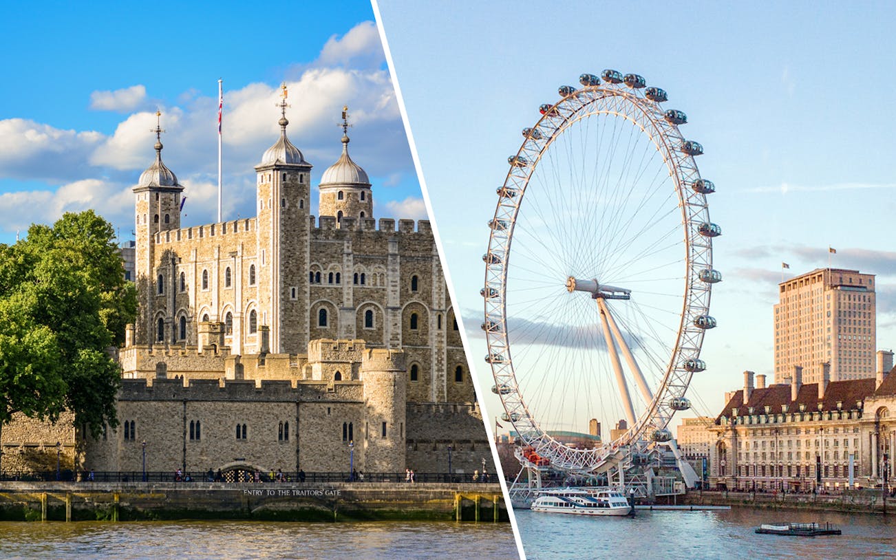 Tower of London and London Eye on a sunny day, showcasing iconic landmarks in London.