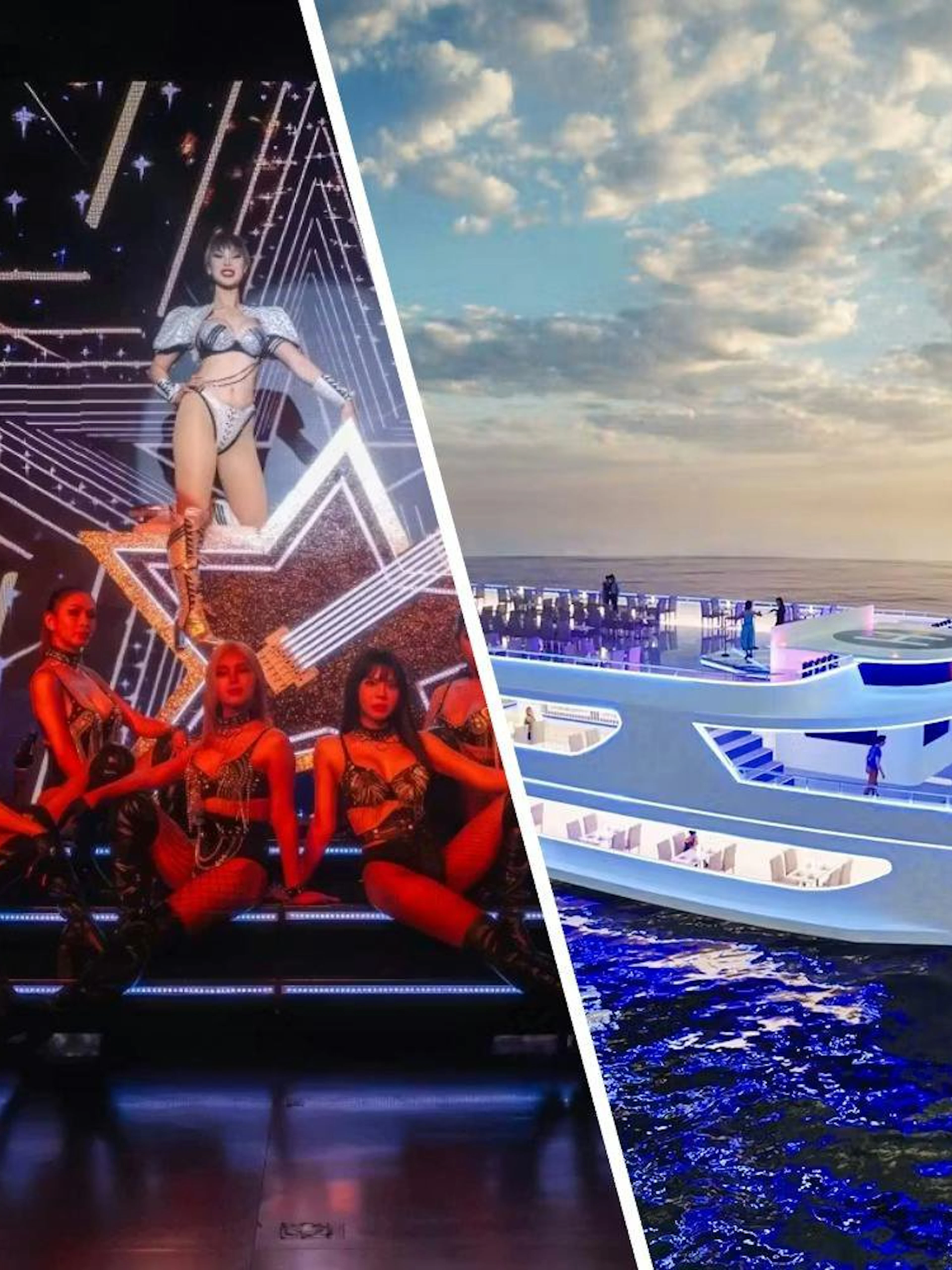 Calypso Cabaret performers on stage and Royal Princess Cruise ship at sea.
