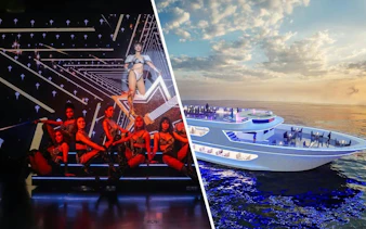 Calypso Cabaret performers on stage and Royal Princess Cruise ship at sea.