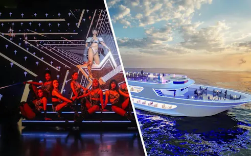 Calypso Cabaret performers on stage and Royal Princess Cruise ship at sea.
