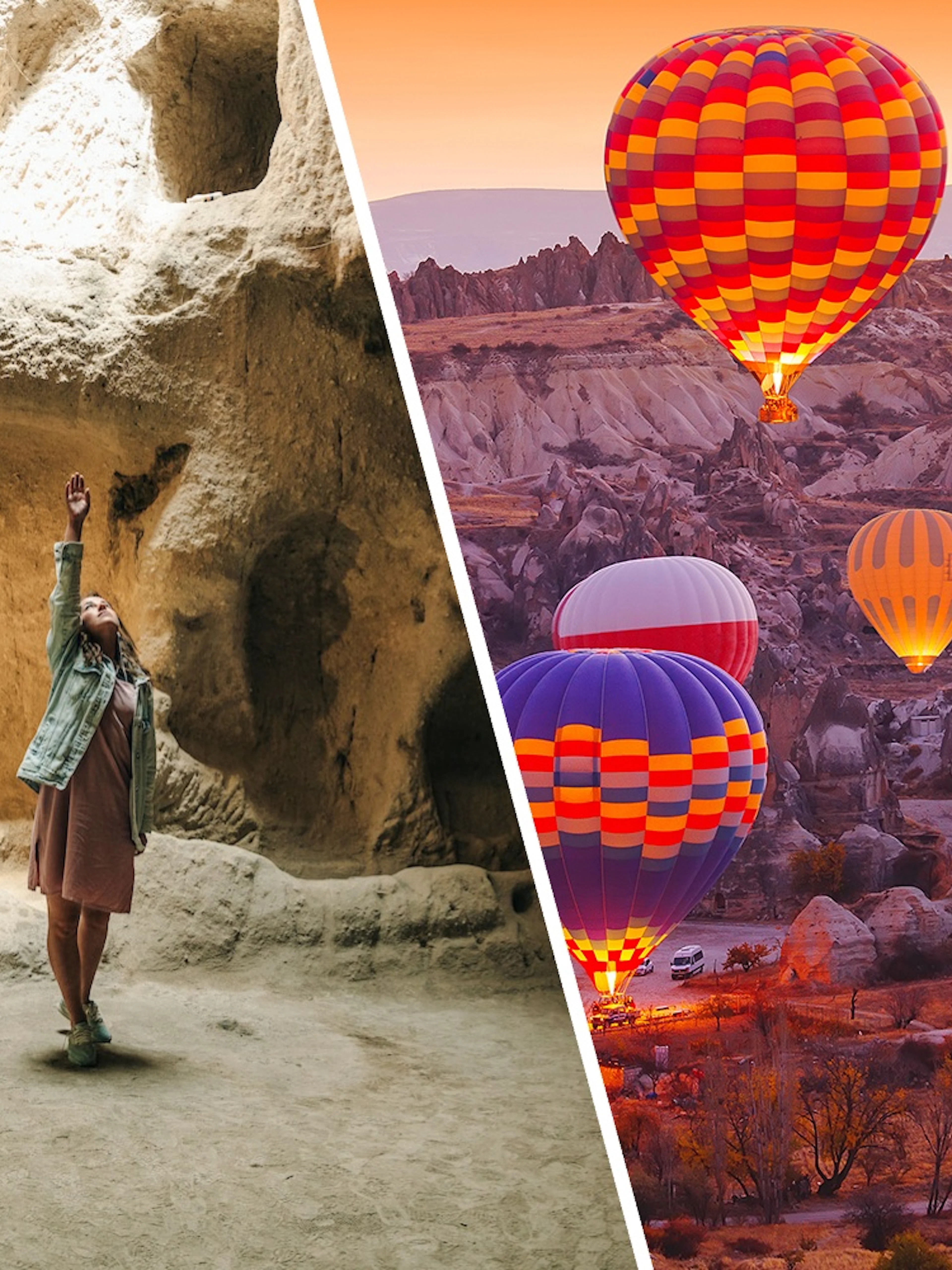 Young woman exploring Derinkuyu underground city cave, Cappadocia hot air balloons in background.
