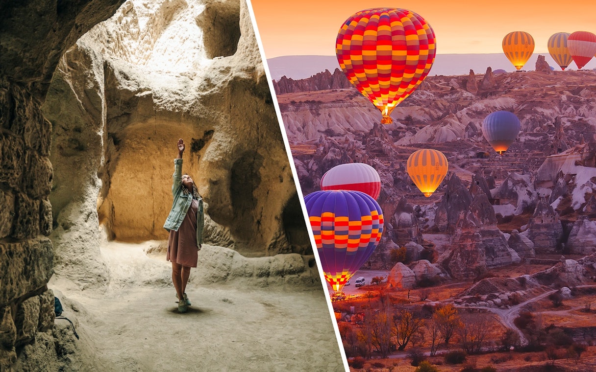 Young woman exploring Derinkuyu underground city cave, Cappadocia hot air balloons in background.