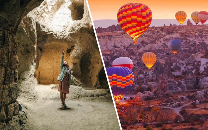 Young woman exploring Derinkuyu underground city cave, Cappadocia hot air balloons in background.