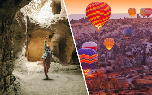 Young woman exploring Derinkuyu underground city cave, Cappadocia hot air balloons in background.
