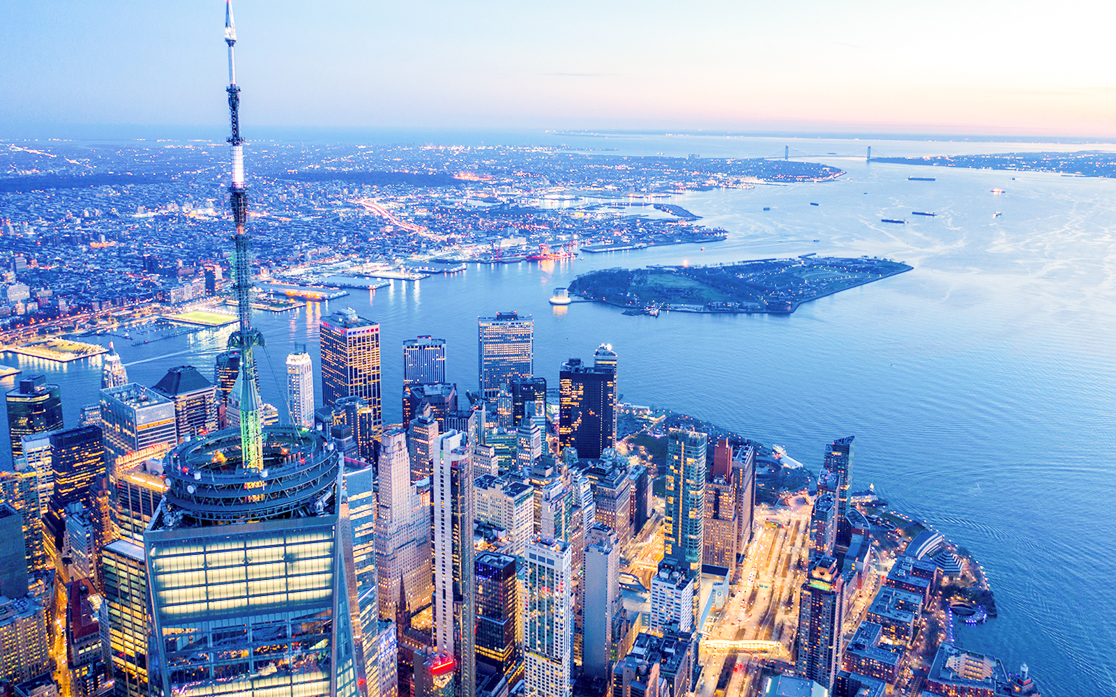 Exterior view of One World Observatory at night.