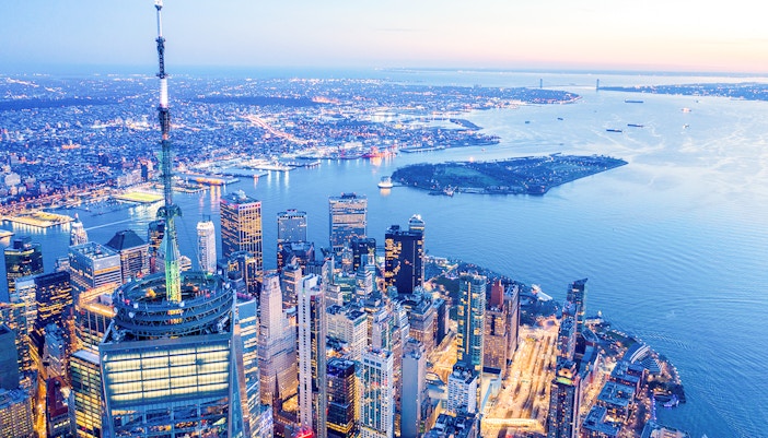 Exterior view of One World Observatory at night.