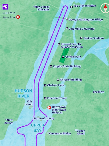 NYC helicopter route map showing landmarks like Statue of Liberty, Central Park, and Empire State Building.
