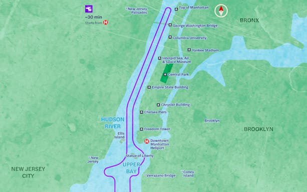 NYC helicopter route map showing landmarks like Statue of Liberty, Central Park, and Empire State Building.