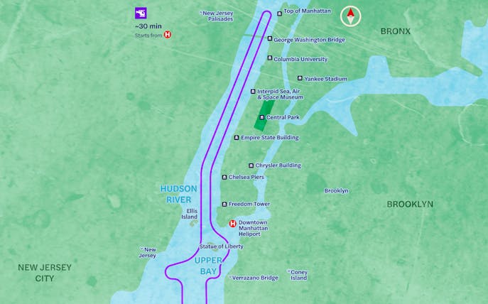NYC helicopter route map showing landmarks like Statue of Liberty, Central Park, and Empire State Building.