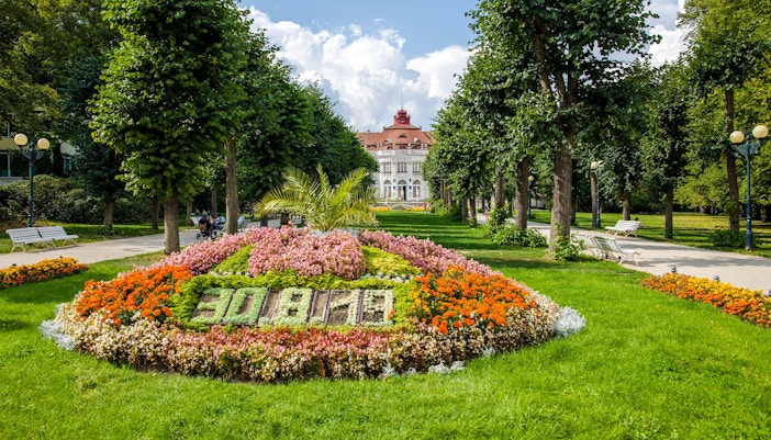 Flower clock and pathway in Smetana Gardens, Karlovy Vary, Prague.