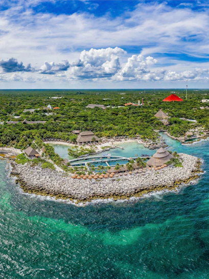 Aerial view of Xcaret Park's coastline with lush greenery and turquoise waters in Mexico.
